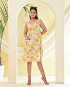 Yellow Floral Printed Cotton Dress with Front Pockets — Casual Summer Wear