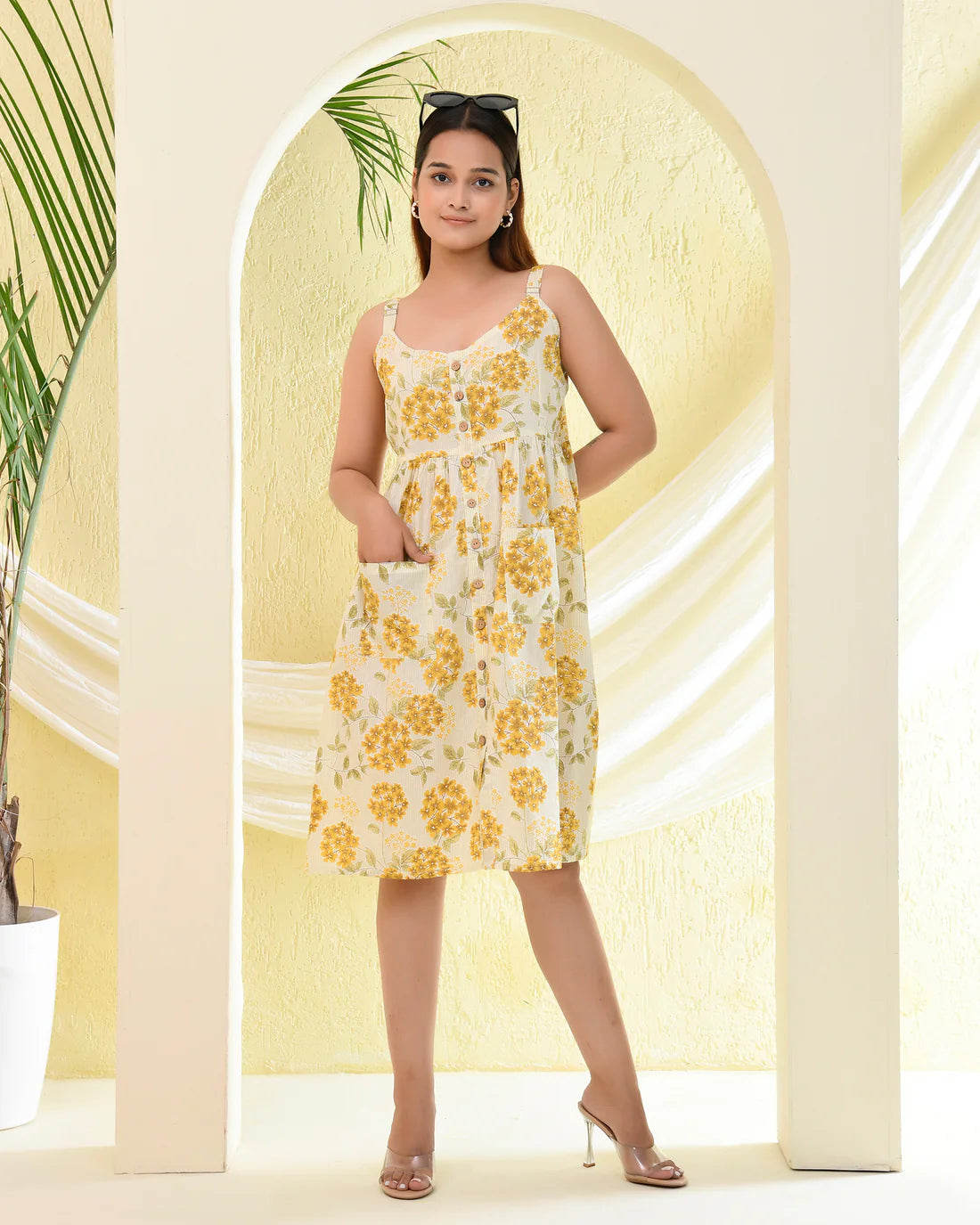 Yellow Floral Printed Cotton Dress with Front Pockets — Casual Summer Wear