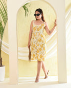 Yellow Floral Printed Cotton Dress with Front Pockets — Casual Summer Wear