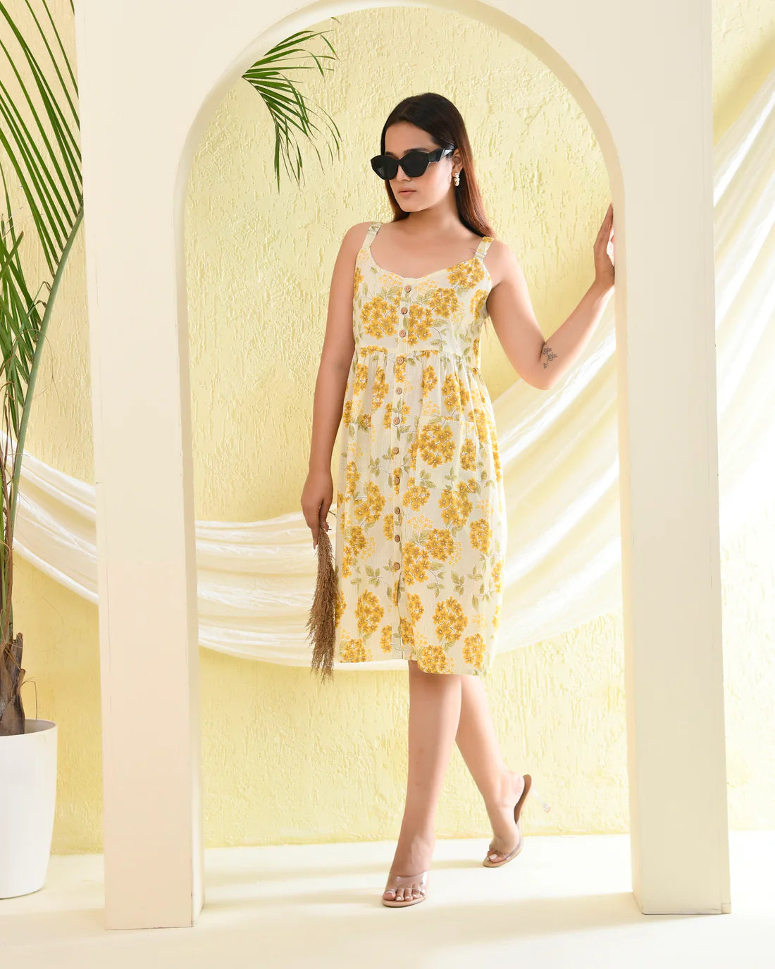 Yellow Floral Printed Cotton Dress with Front Pockets — Casual Summer Wear