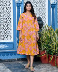 Mustard Floral Printed Pure Cotton Midi Dress — V-Neck