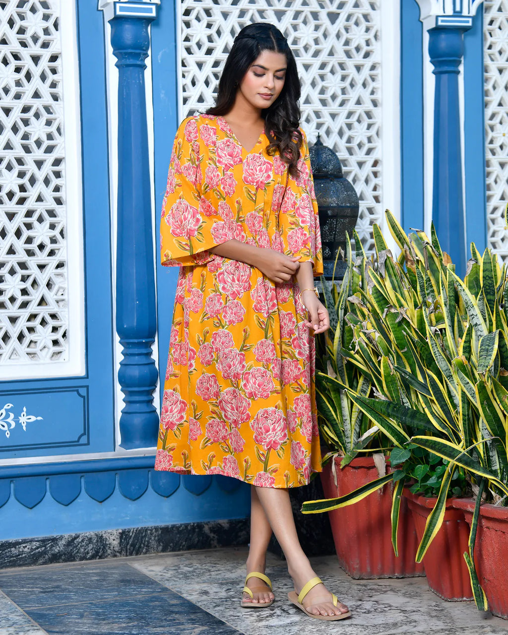 Mustard Floral Printed Pure Cotton Midi Dress — V-Neck