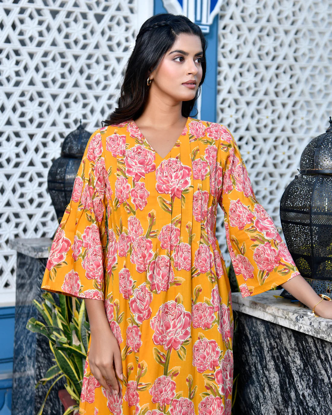 Mustard Floral Printed Pure Cotton Midi Dress — V-Neck