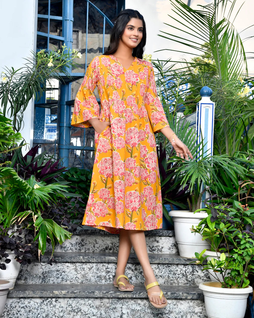 Mustard Floral Printed Pure Cotton Midi Dress — V-Neck