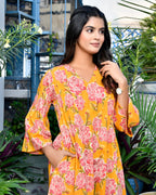 Mustard Floral Printed Pure Cotton Midi Dress — V-Neck