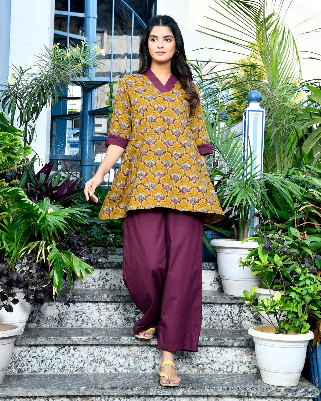 Dark Mustard Printed Kurti & Palazzo Co-ord Set for Women
