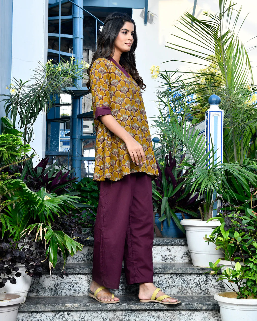 Dark Mustard Printed Kurti & Palazzo Co-ord Set for Women