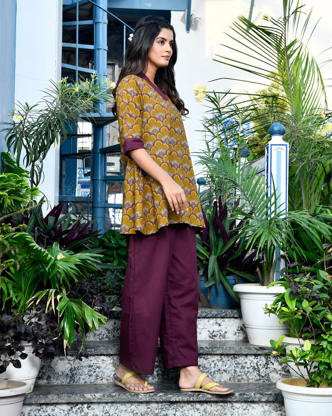Dark Mustard Printed Kurti & Palazzo Co-ord Set for Women