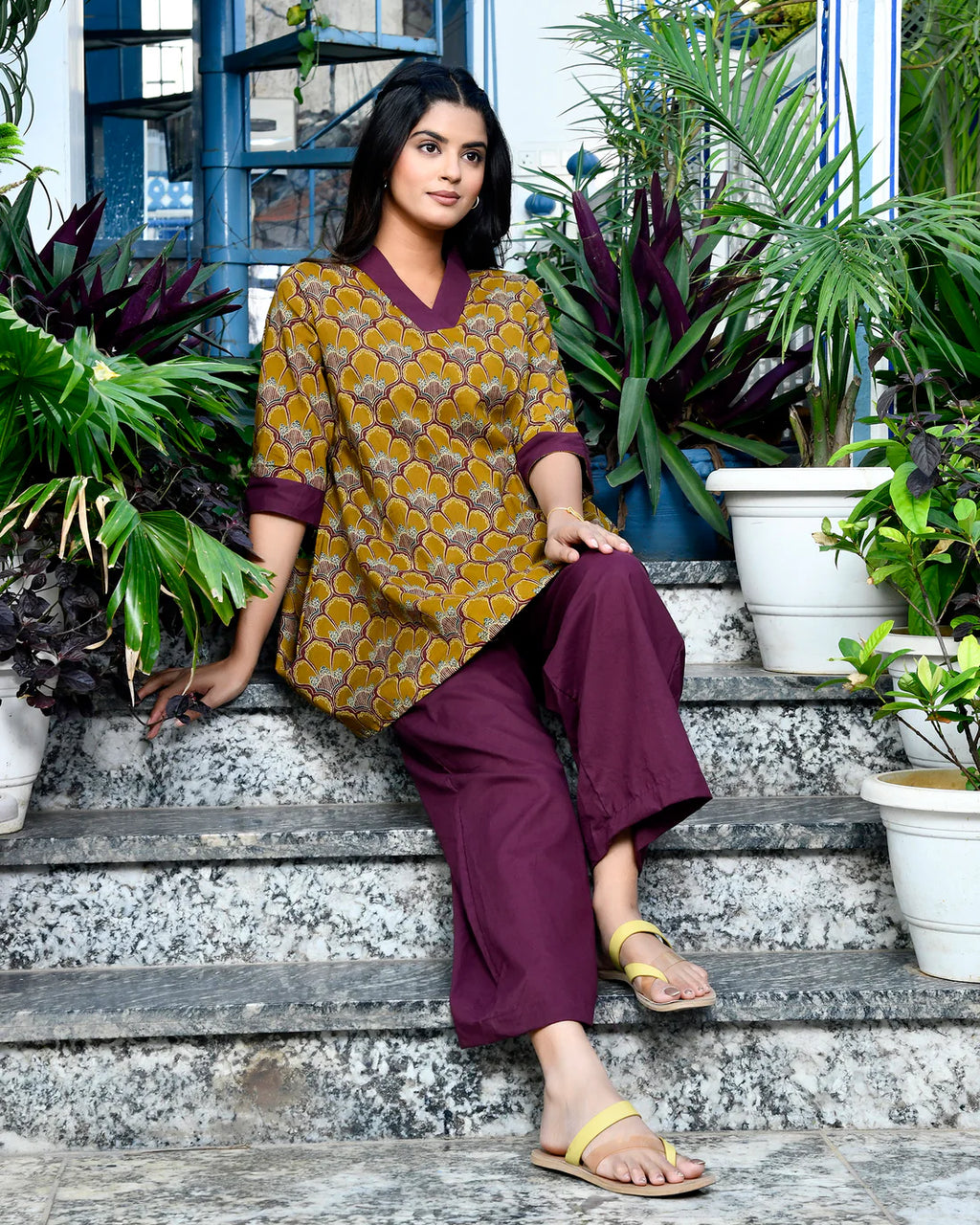 Dark Mustard Printed Kurti & Palazzo Co-ord Set for Women
