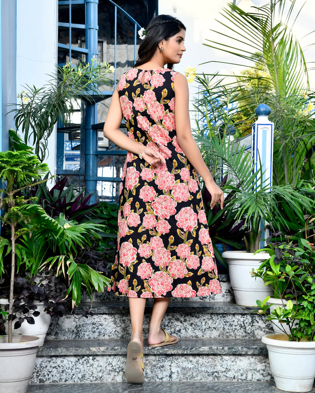 Black Floral A-Line Midi Dress — Sleeveless Boat Neck, Premium Cotton