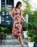 Black Floral A-Line Midi Dress — Sleeveless Boat Neck, Premium Cotton