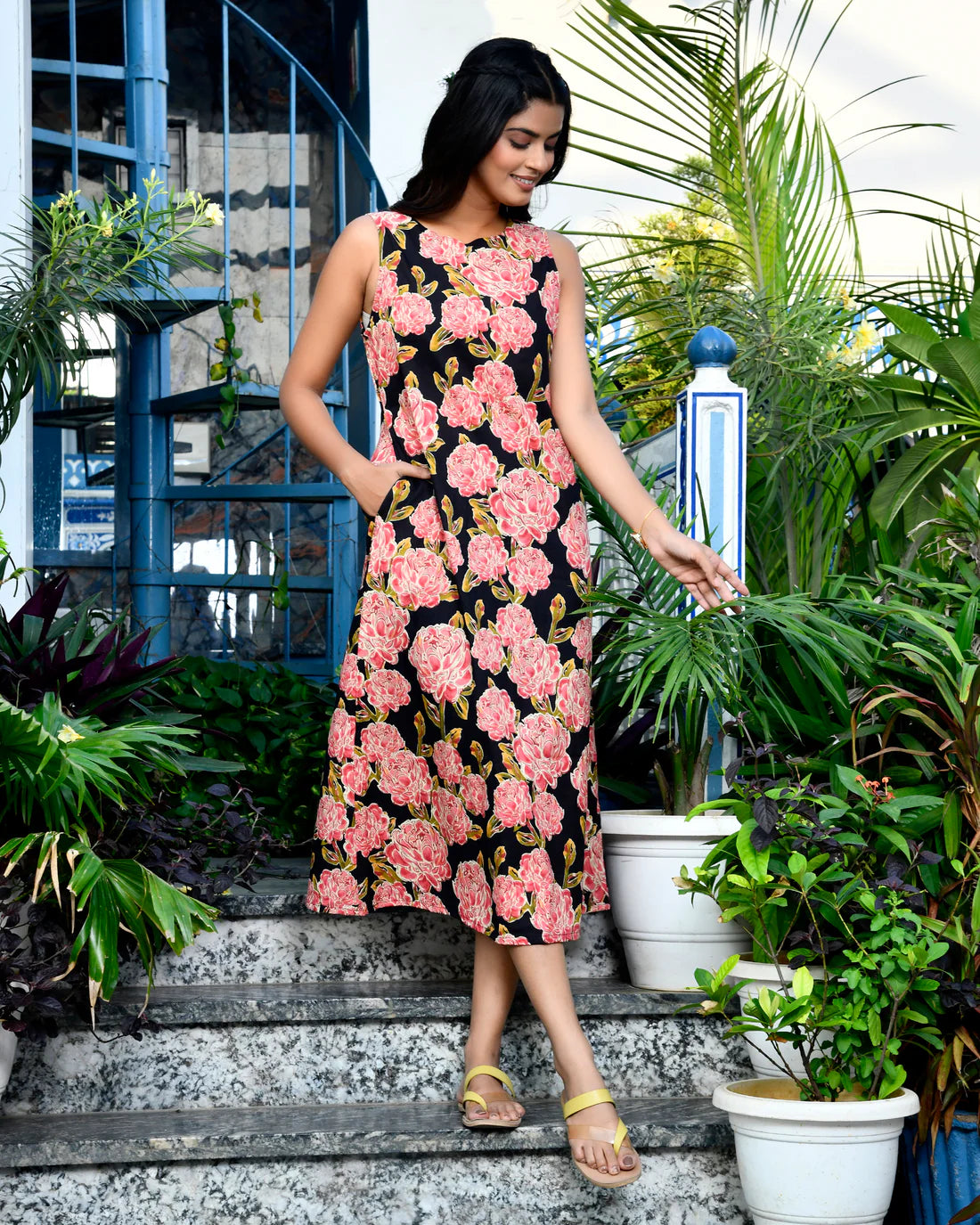 Black Floral A-Line Midi Dress — Sleeveless Boat Neck, Premium Cotton