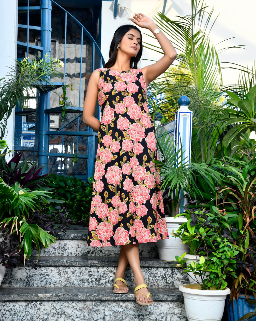 Black Floral A-Line Midi Dress — Sleeveless Boat Neck, Premium Cotton