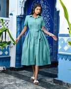 Sea Green Cotton Shirt Dress with Belt for Women