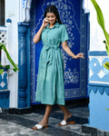Sea Green Cotton Shirt Dress with Belt for Women