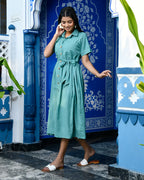 Sea Green Cotton Shirt Dress with Belt for Women