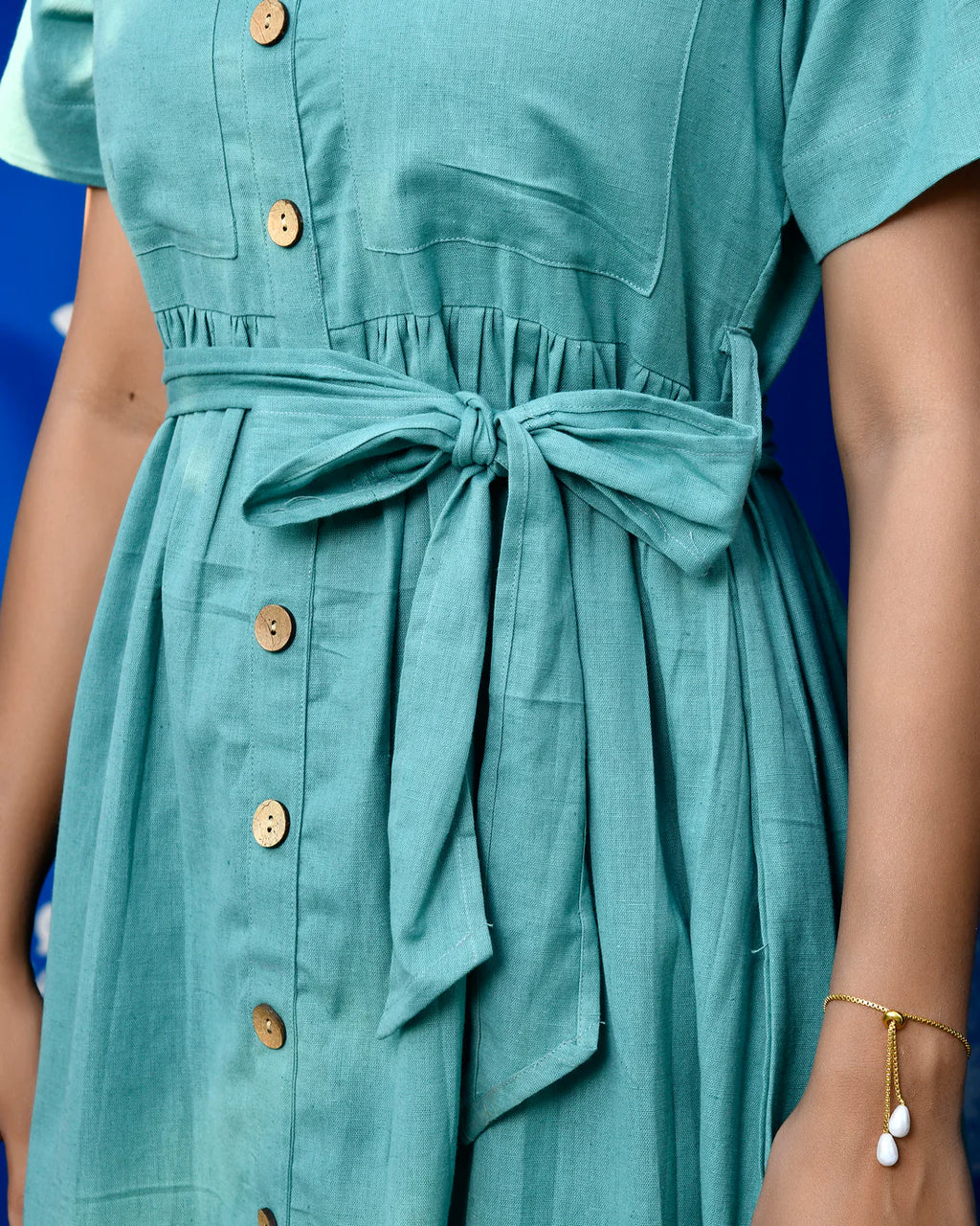Sea Green Cotton Shirt Dress with Belt for Women