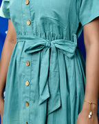 Sea Green Cotton Shirt Dress with Belt for Women