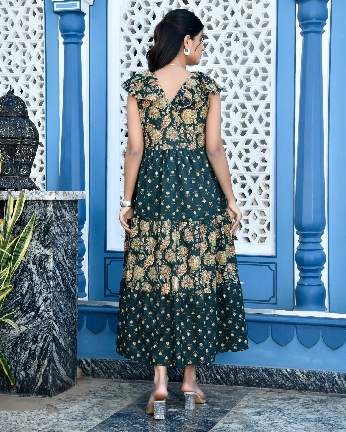 Green Floral Tiered Maxi Dress — Premium Cotton, Full Length