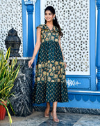 Green Floral Tiered Maxi Dress — Premium Cotton, Full Length