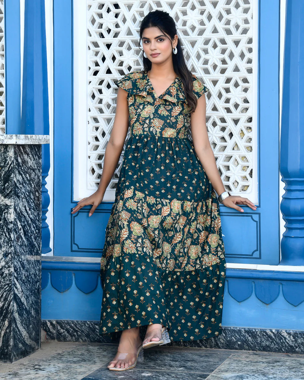 Green Floral Tiered Maxi Dress — Premium Cotton, Full Length
