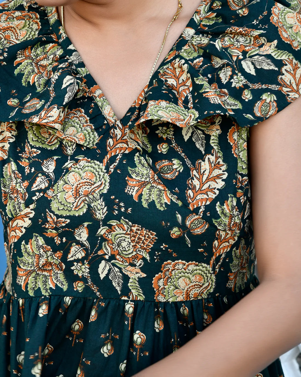Green Floral Tiered Maxi Dress — Premium Cotton, Full Length