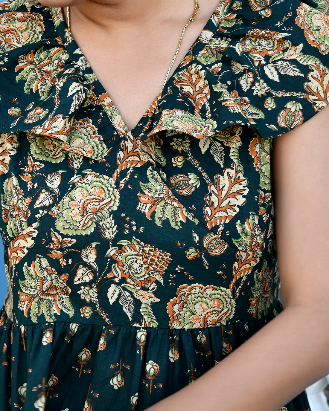 Green Floral Tiered Maxi Dress — Premium Cotton, Full Length