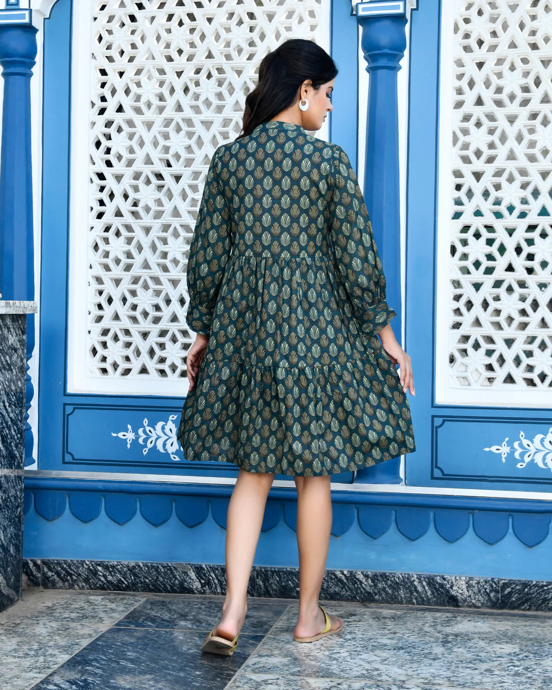 Printed Cotton Dress with Elasticated Back — Elegant Flared Casual Wear with Side Pockets