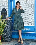 Printed Cotton Dress with Elasticated Back — Elegant Flared Casual Wear with Side Pockets