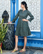 Printed Cotton Dress with Elasticated Back — Elegant Flared Casual Wear with Side Pockets