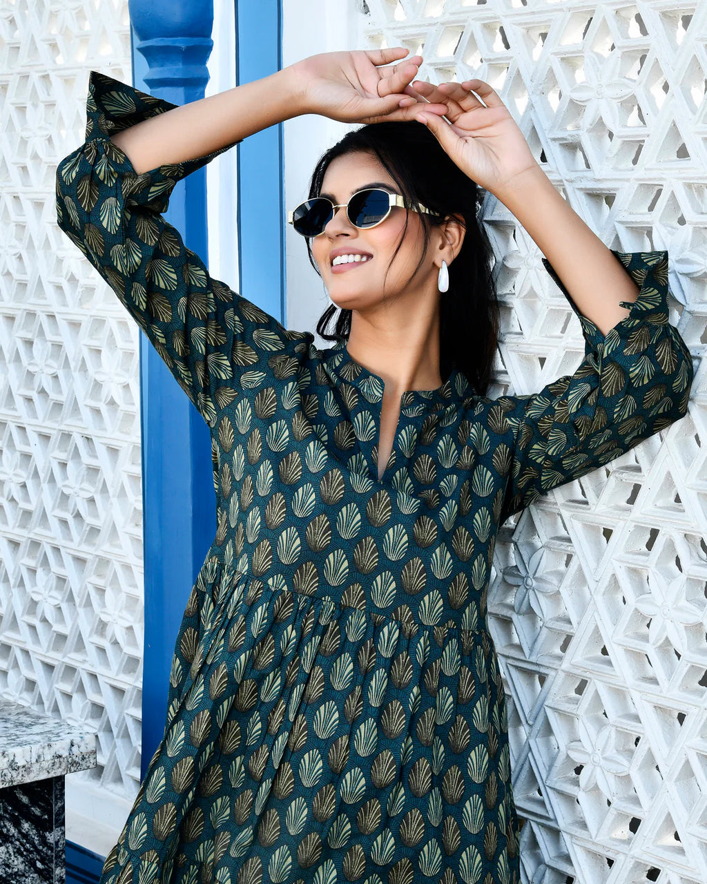 Printed Cotton Dress with Elasticated Back — Elegant Flared Casual Wear with Side Pockets