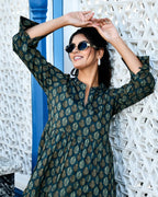 Printed Cotton Dress with Elasticated Back — Elegant Flared Casual Wear with Side Pockets