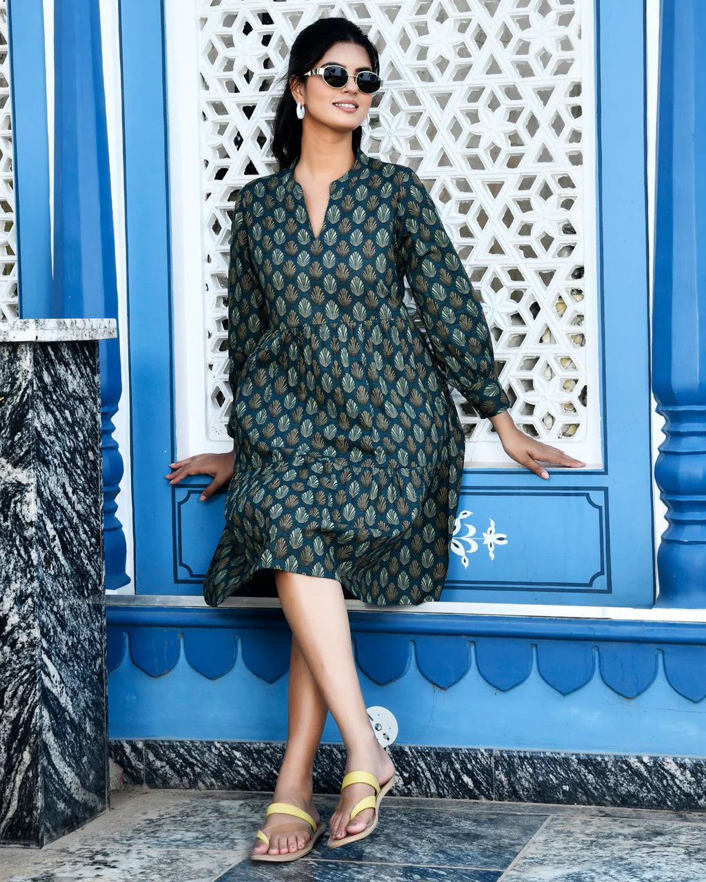 Printed Cotton Dress with Elasticated Back — Elegant Flared Casual Wear with Side Pockets