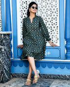 Printed Cotton Dress with Elasticated Back — Elegant Flared Casual Wear with Side Pockets
