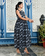 Black Floral Printed Sleeveless Cotton Maxi Dress for Women