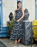 Black Floral Printed Sleeveless Cotton Maxi Dress for Women