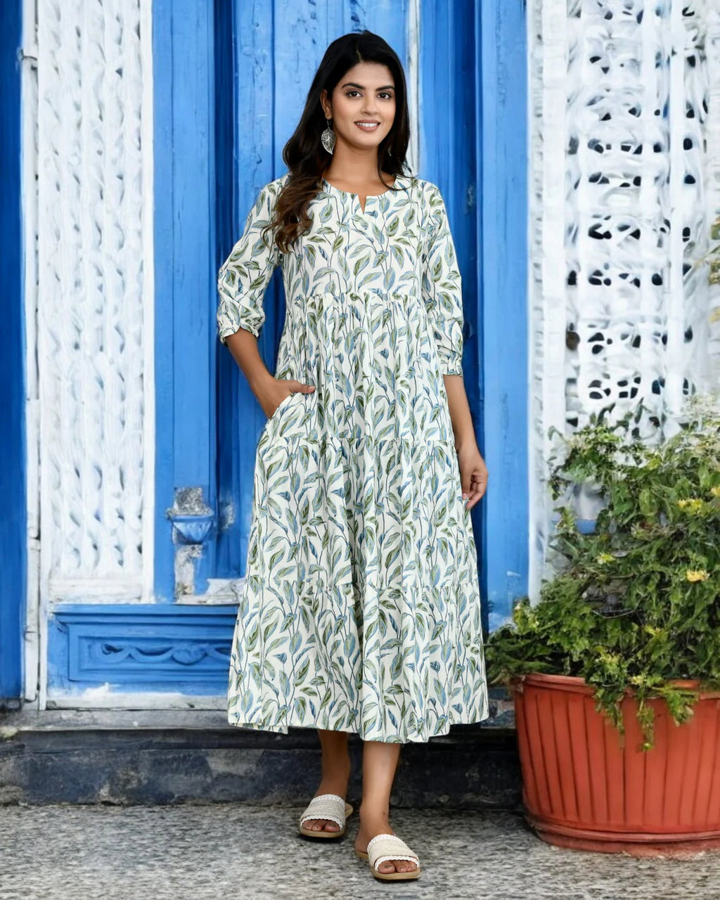 White & Green Leaf Printed Cotton Midi Dress for Women
