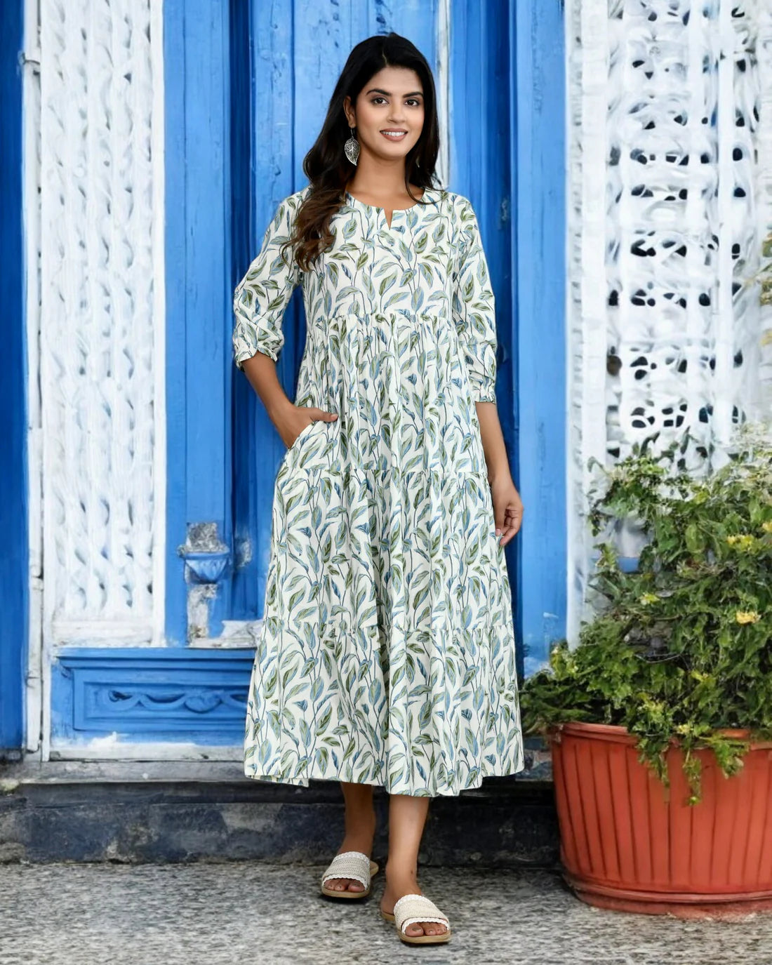 White & Green Leaf Printed Cotton Midi Dress for Women