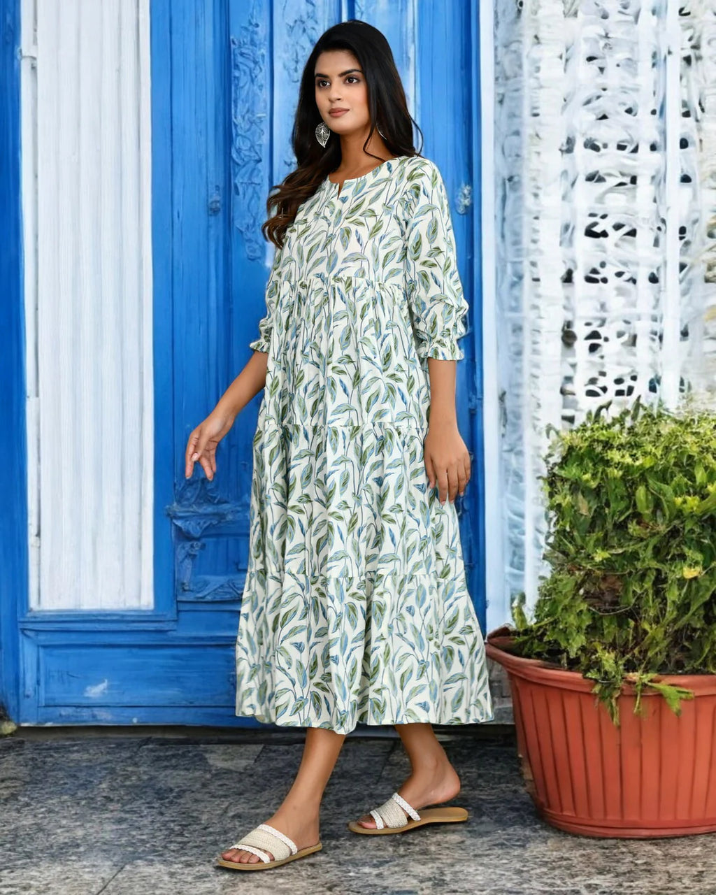 White & Green Leaf Printed Cotton Midi Dress for Women