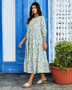White & Green Leaf Printed Cotton Midi Dress for Women