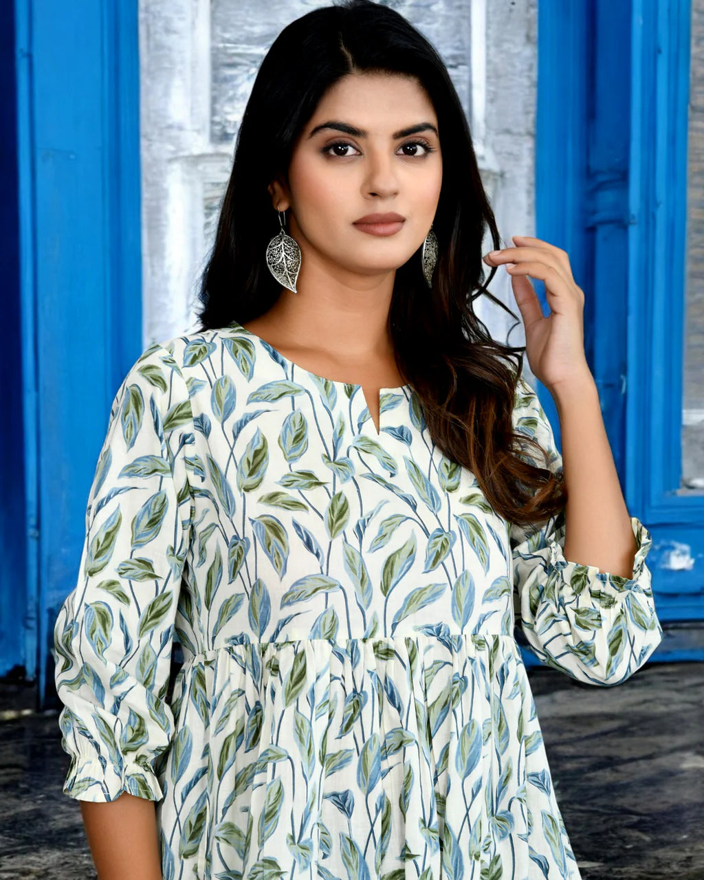 White & Green Leaf Printed Cotton Midi Dress for Women
