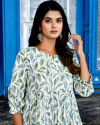 White & Green Leaf Printed Cotton Midi Dress for Women