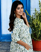 White & Green Leaf Printed Cotton Midi Dress for Women