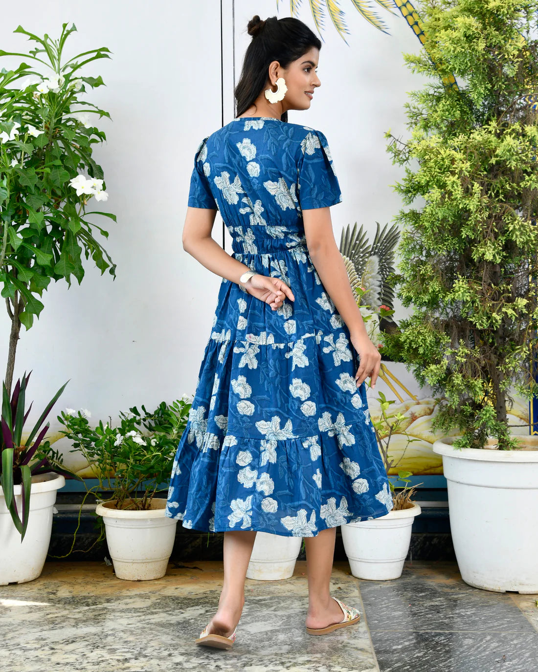 Indigo Floral Printed Cotton Half Sleeve Dress for Women