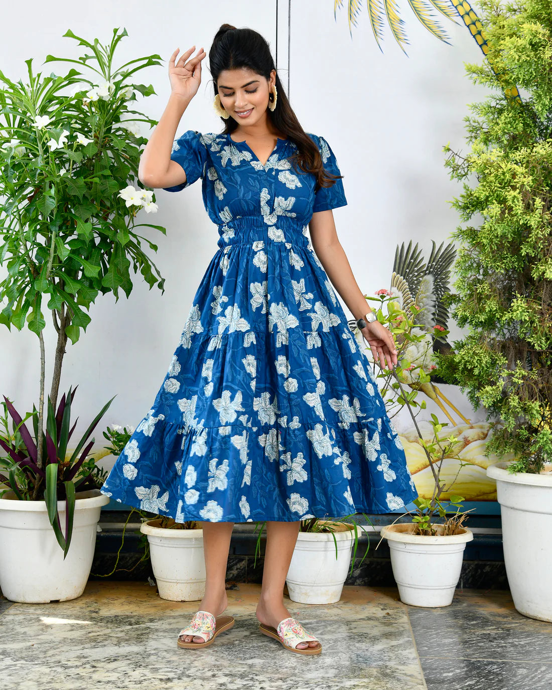 Indigo Floral Printed Cotton Half Sleeve Dress for Women