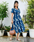 Indigo Floral Printed Cotton Half Sleeve Dress for Women