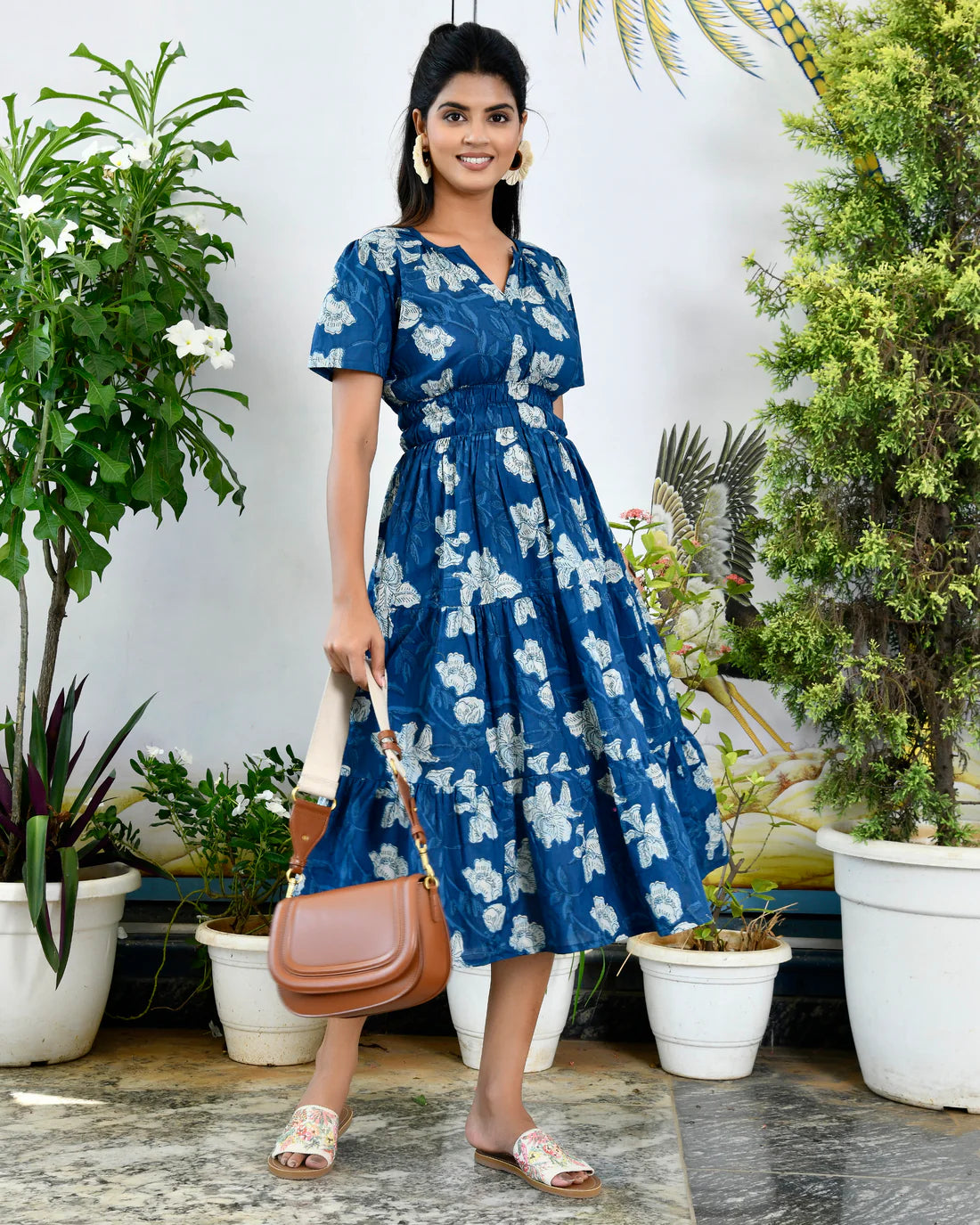 Indigo Floral Printed Cotton Half Sleeve Dress for Women