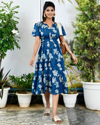Indigo Floral Printed Cotton Half Sleeve Dress for Women