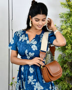 Indigo Floral Printed Cotton Half Sleeve Dress for Women