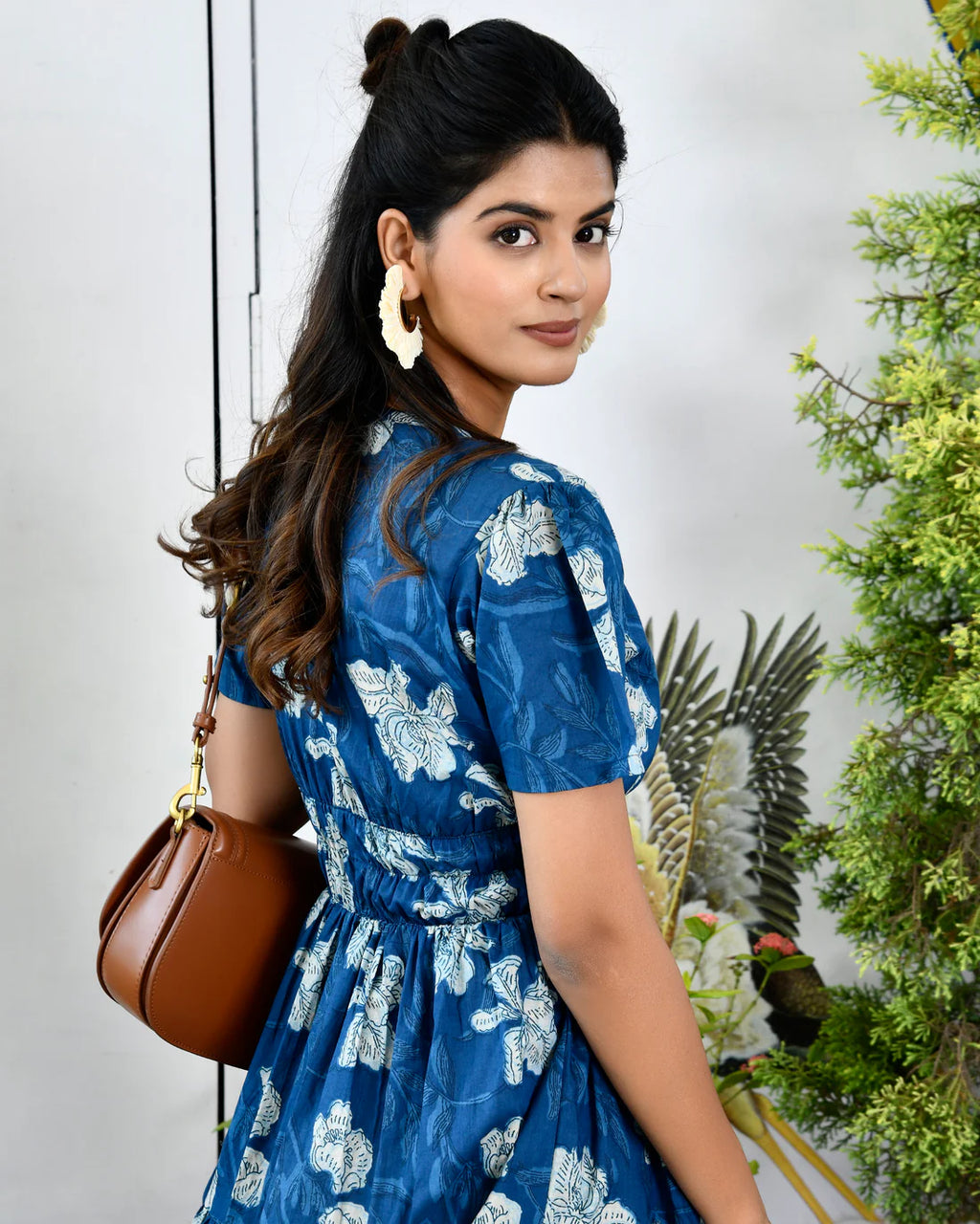 Indigo Floral Printed Cotton Half Sleeve Dress for Women